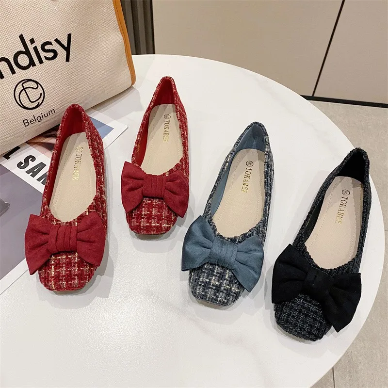 New Women Flats with Bow Square Head Flat Shoes for Ladies LoaferSlip on Zapatos De Mujer Breathable Comfortable Summer Shoes