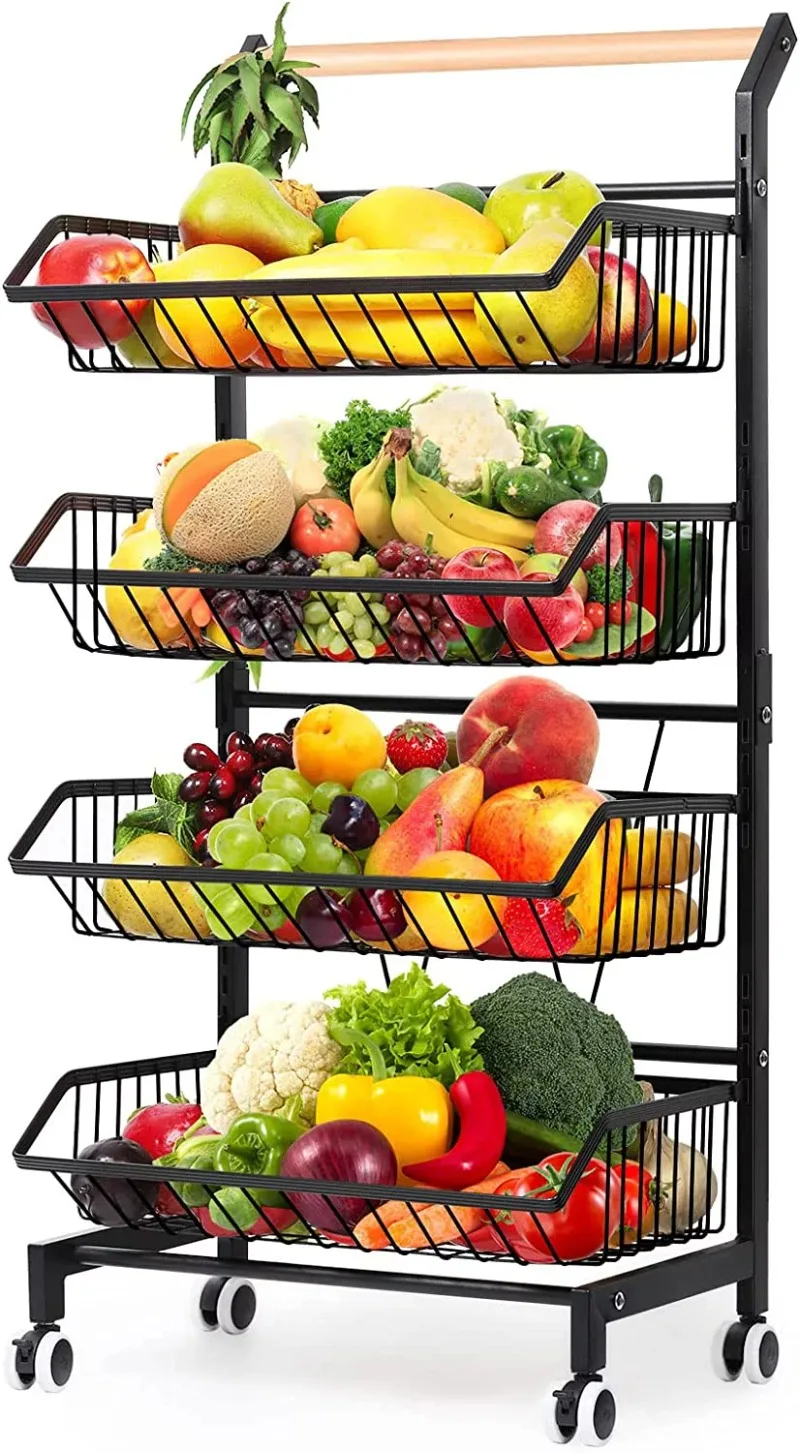 

4 Tier Fruit Vegetable Storage Basket Rolling Cart with Handle and Wheels, Black