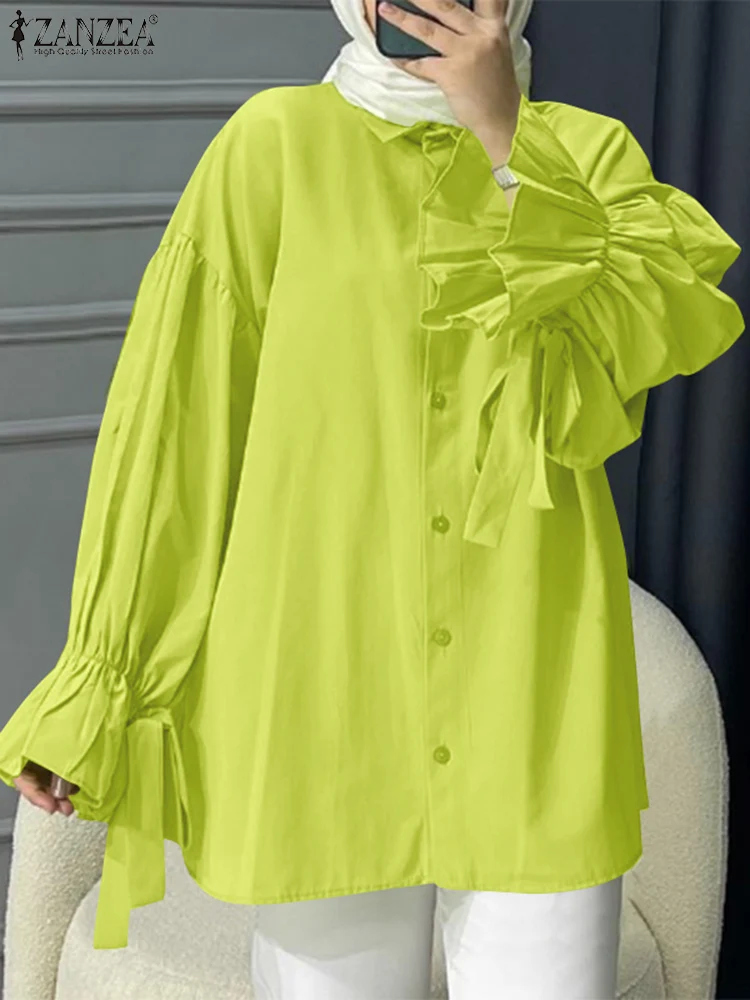 

Autumn Lapel Neck Long Sleeve Blouse 2023 ZANZEA Fashion Women Muslim Shirt Casual Flounce Hem Tops Work Abaya Blusas Chemise