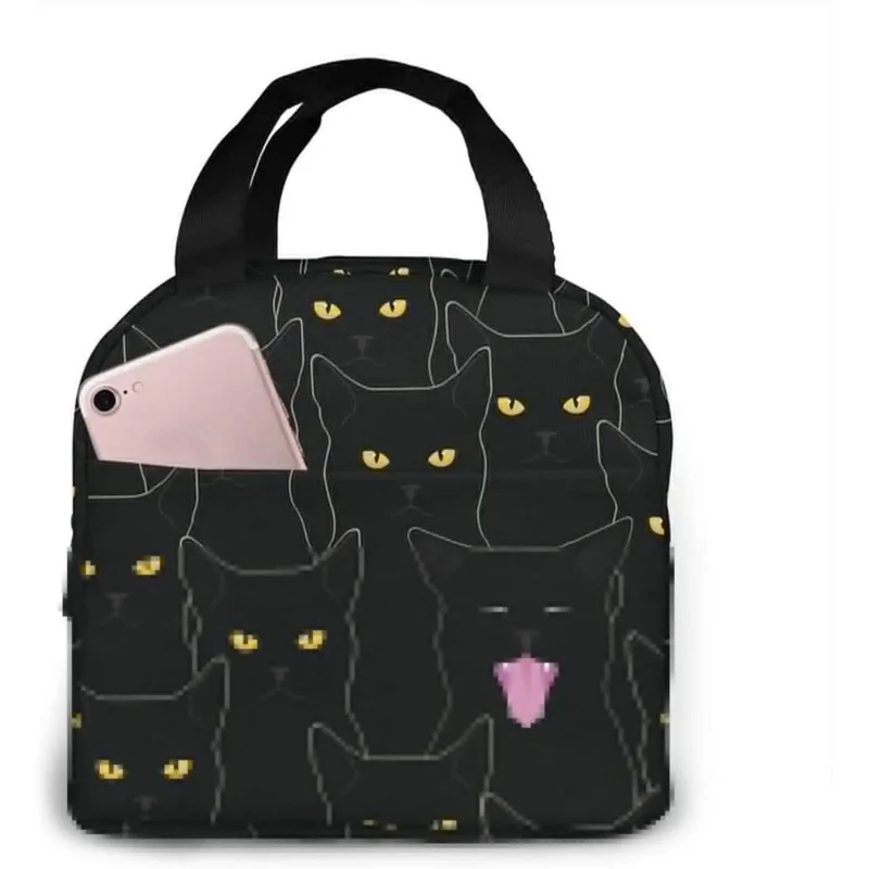 

Black Cats Reusable Lunch Insulated Cooler Tote Bag with Front Pocket for Women Men Office Work School Picnic