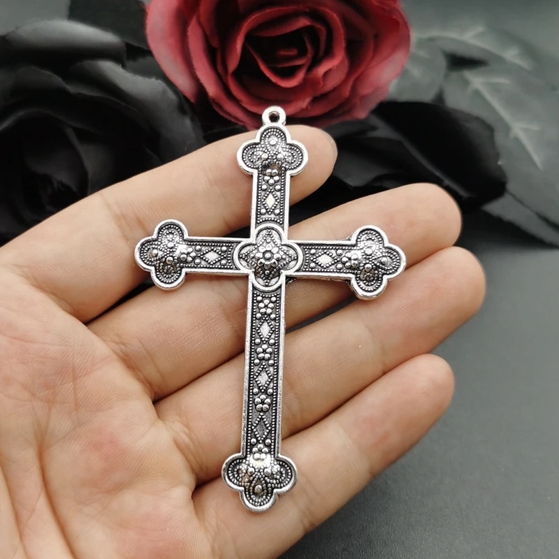 5pcs Silver Color Black 80x54mm Flower Cross Charms Jesus