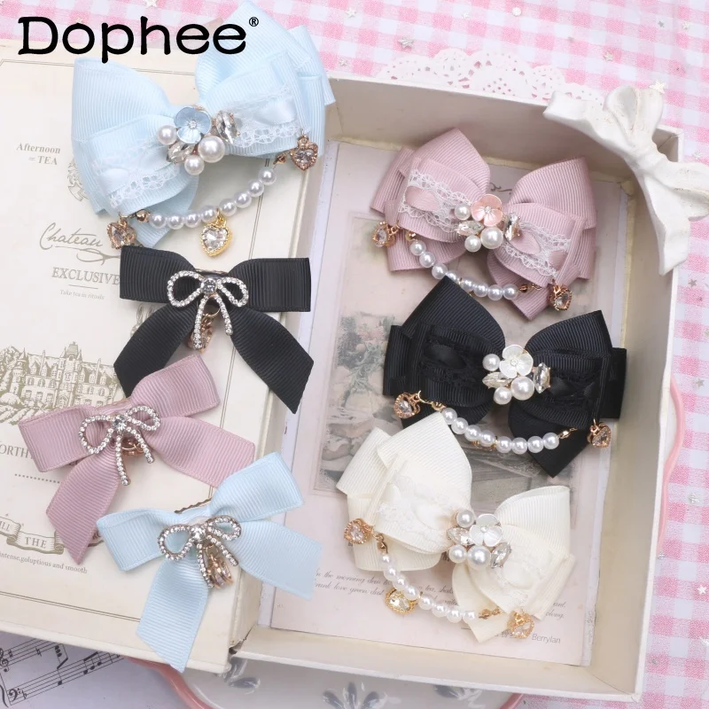 

Sweet Cute Bow Hair Accessories Female Lolita Style Beaded Flower Rhinestone Hair Clip Barrettes A Pair of Hairclips Women