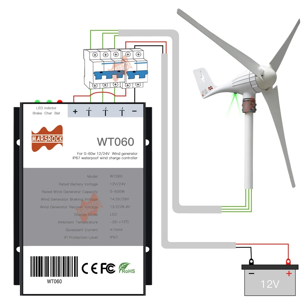 風力コントローラー 12/24v/800w 電圧モニター付き風力タービン充電