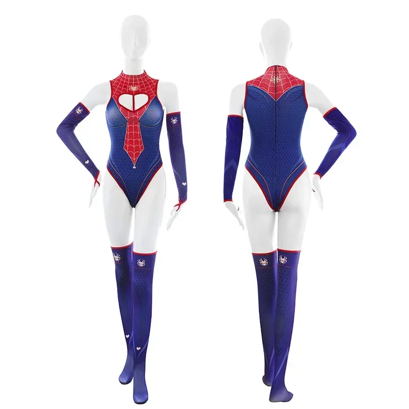 Cosplay Costume Sexy Lingerie Bodysuit Spider Woman Strapless Open Crotch Jumpsuit Blue Print Leotard Love Heart Hollow Design