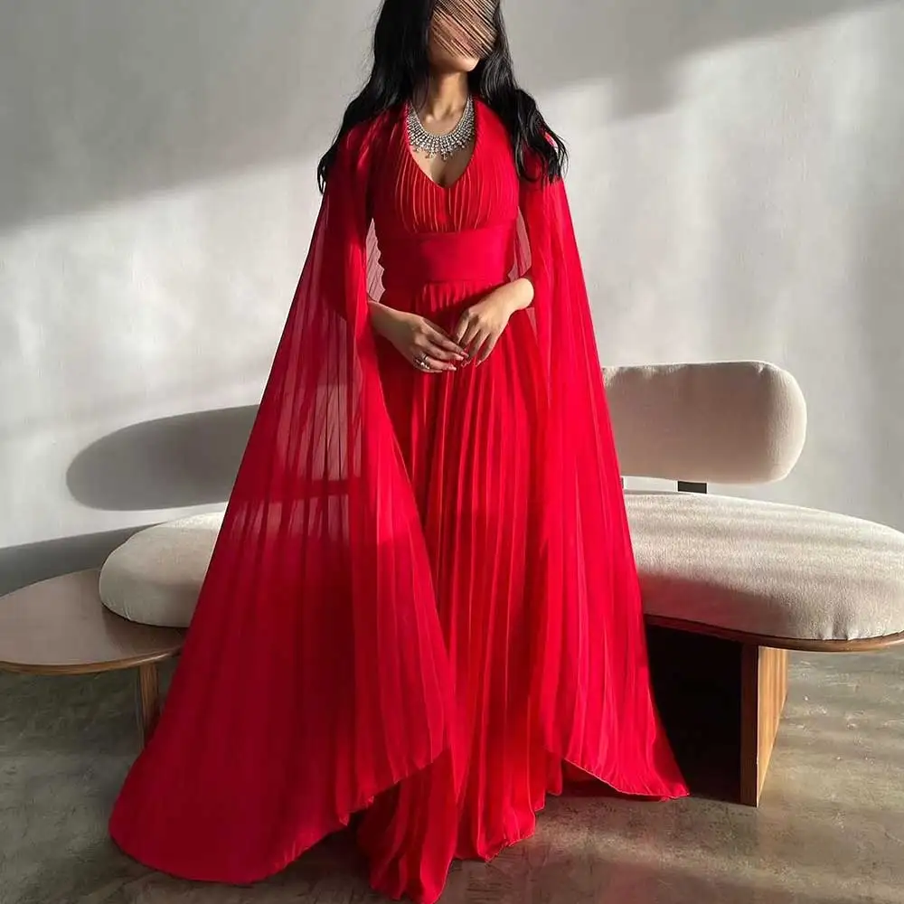 

Solid Color Sheath Chiffon Evening Dress With Shawl Pleated V-Neck Backless Sleeveless Simple Women's Floor Length Prom Gown