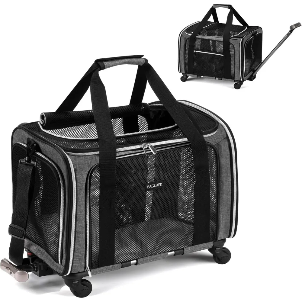 

BAGLHER Dog Carrier Bag with Wheels,Airline Approved Soft Side Pet Travel Rolling Small Medium Dog Carrier with Fleece