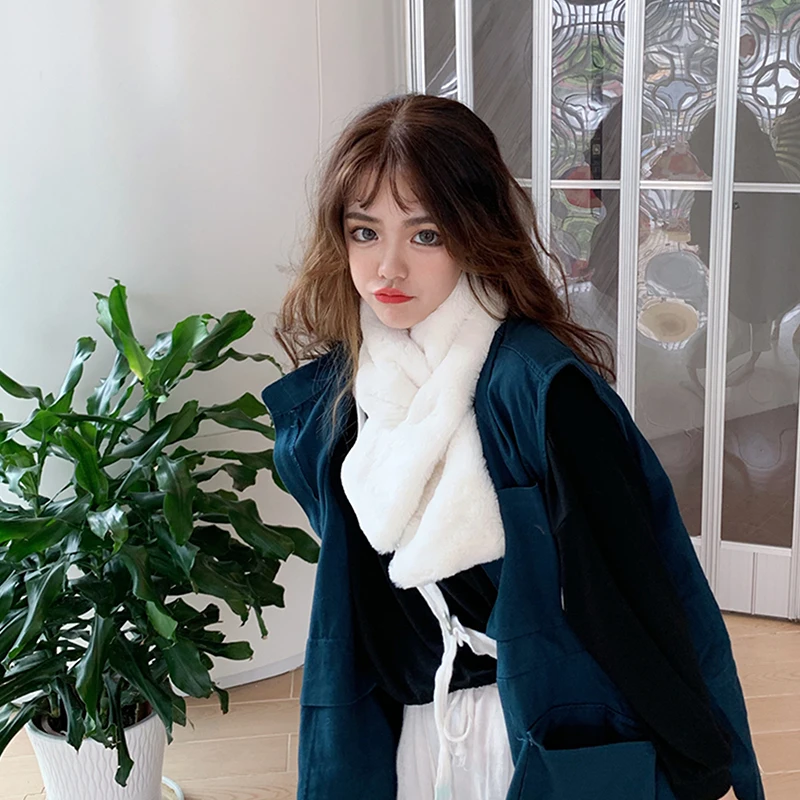 여성용 인조 토끼 모피 봉제 단색 부드러운 스카프, 크리스마스 선물, 목 칼라 따뜻한 물건, 겨울