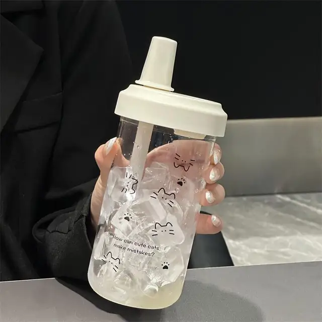 New Plastic Water Bottle For Girls With Straw Lid Bubble Milk Tea Plastic Cup Simple Outdoor School Straw Drinking Water Bottles 6