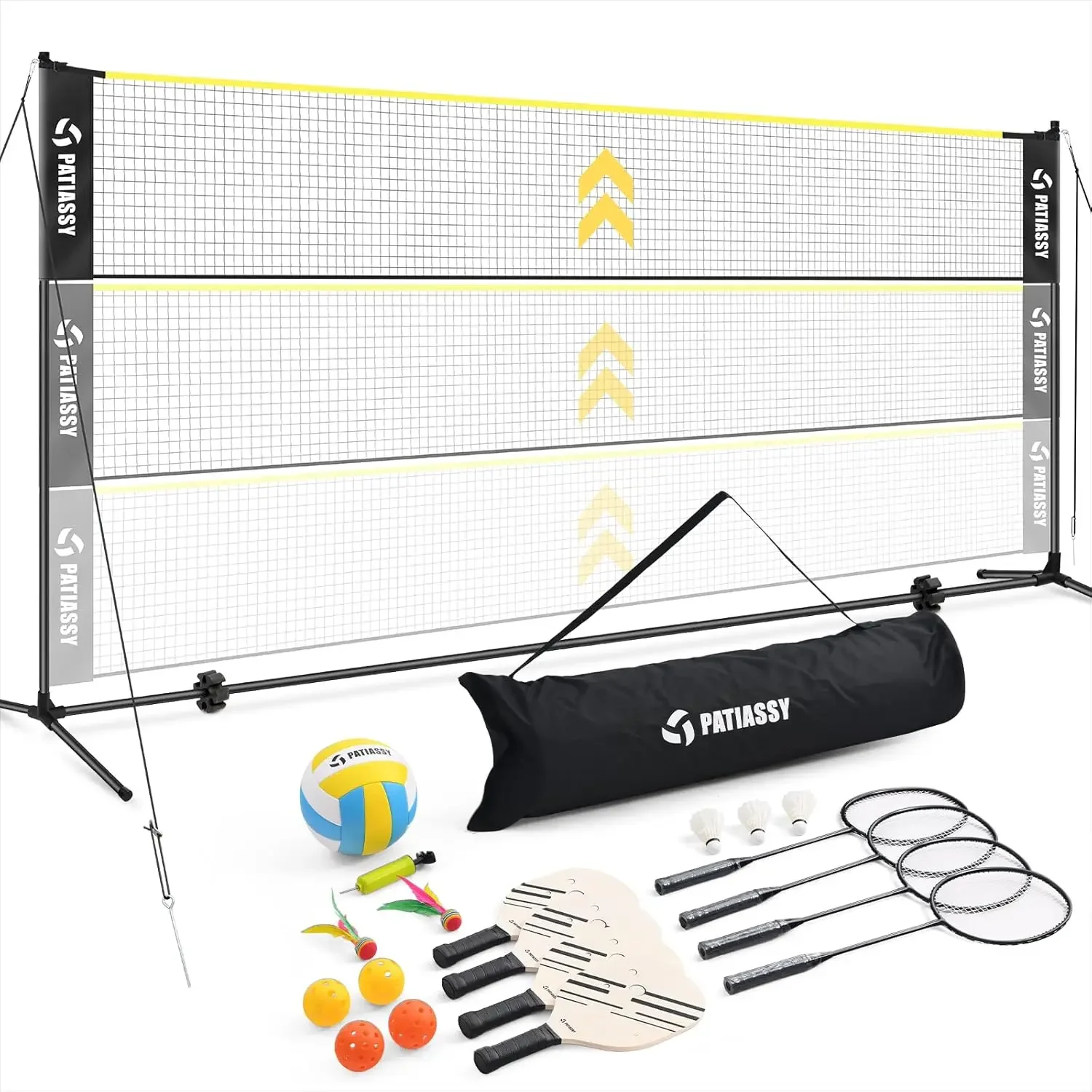 Adjustable Height Volleyball Badminton Pickleball Net Set 17ft Sports Net with Poles, 4 Badminton Rackets, 3 Shuttle