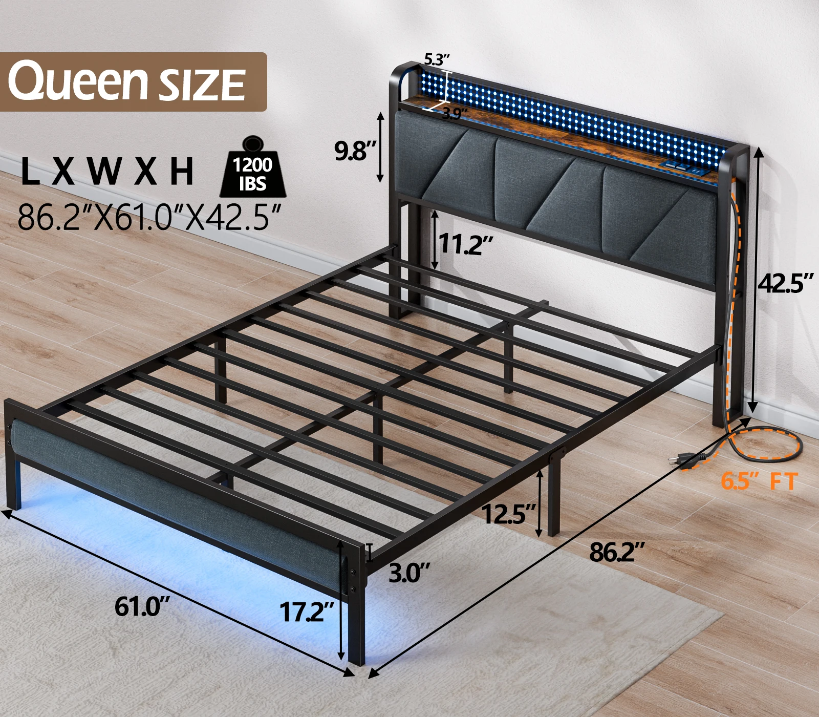 Full/Queen Bed Frame with Charging Station and LED Lights,USB Charging Station Headboard Upholstered Queen Size Metal bedstead 3