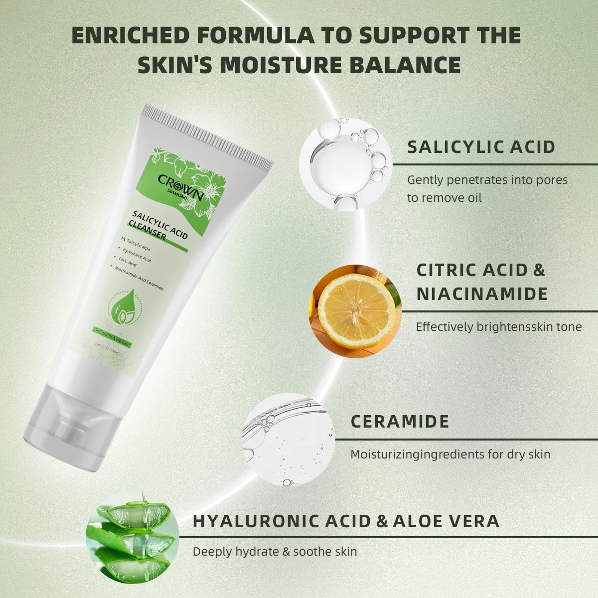3% Salicylic Acid Facial Cleanser Acne Treatment Moisturizing Oil Control skincare Face Wash Foam Face Cleanser Skin Care 5
