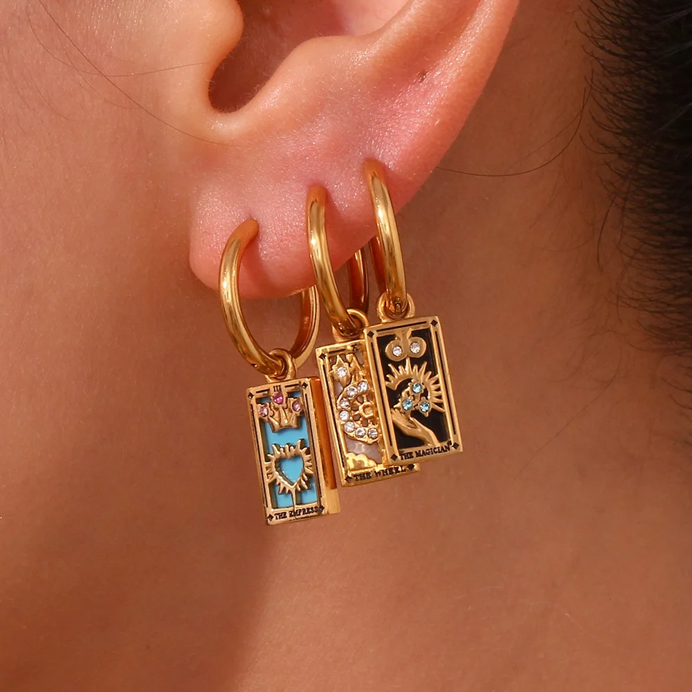 

NCEE Stainless Steel Rectangular Drip Oil Zircon Tarot Cards Earrings Simple Golden Texture Waterproof Jewelry Gift