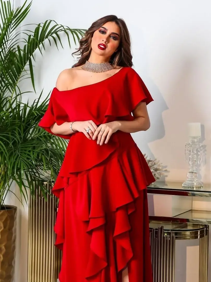 

Women Sexy Diagonal Collar Slim Long Dresses Fashion Multiple Ruffles A-line Dress Elegant Solid Puff Shoulder Lady Party Dress
