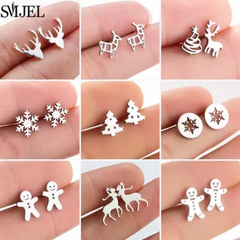 SMJEL 귀여운 동물 사슴 스터드 귀걸이, 작은 진저 브레드 남자 눈송이 귀걸이, 여아용 스테인레스 스틸 크리스마스 쥬얼리 브린코