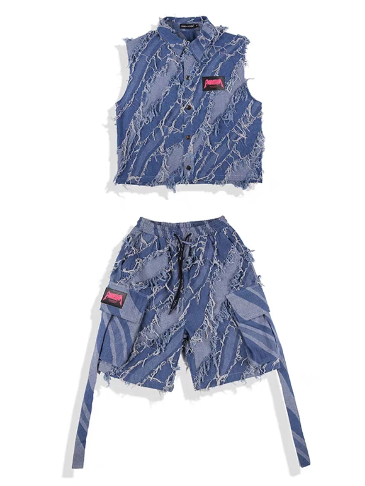 New Hip Hop Street Dance Clothes for Kids Blue Denim Vest Shorts T Shirt Boys Girls Jazz Performance Costume Teens Stage Outfits