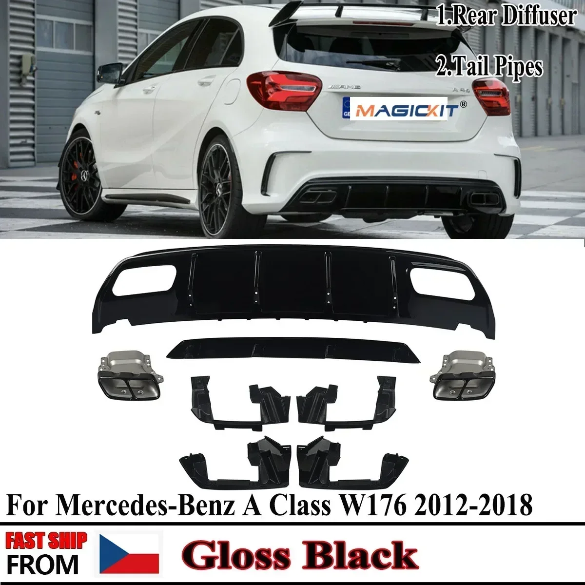 Spedizione Gratuita Per Mercedes Classe A 12-18 W176 A45 Amg Style Diffusore Paraurti Posteriore E Punte Di Scarico