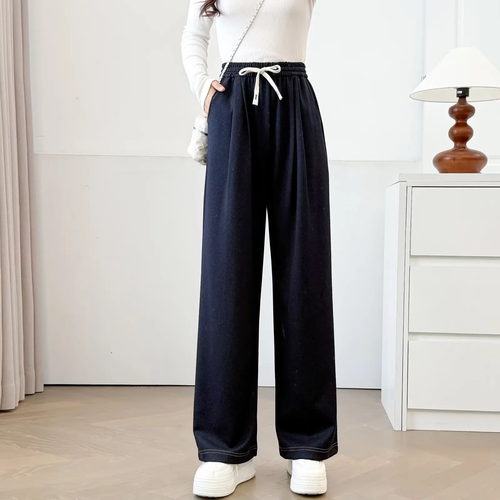 Plus Size Women's Straight Leg Jeans Autumn New Style Simple Drawstring Elastic Waist Long Pants Casual Trousers 8023