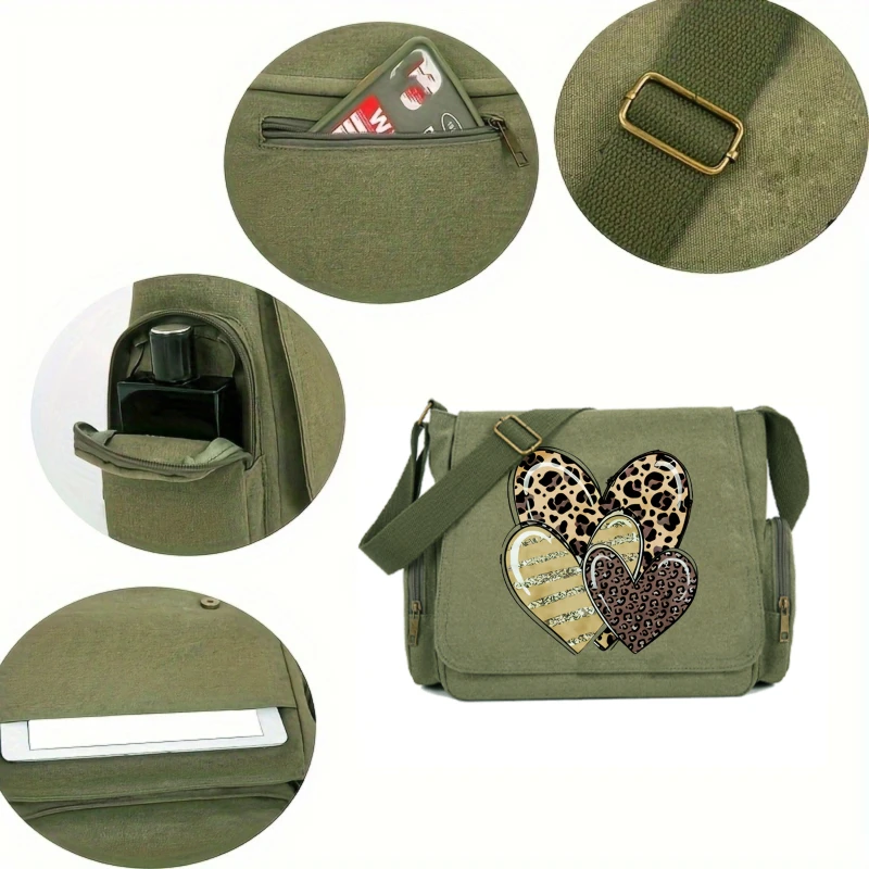 Fashion Women's Crossbody Bag Shoulder Bag Messenger Bag Canvas Leopard Hearts Large Capacity Daily Use