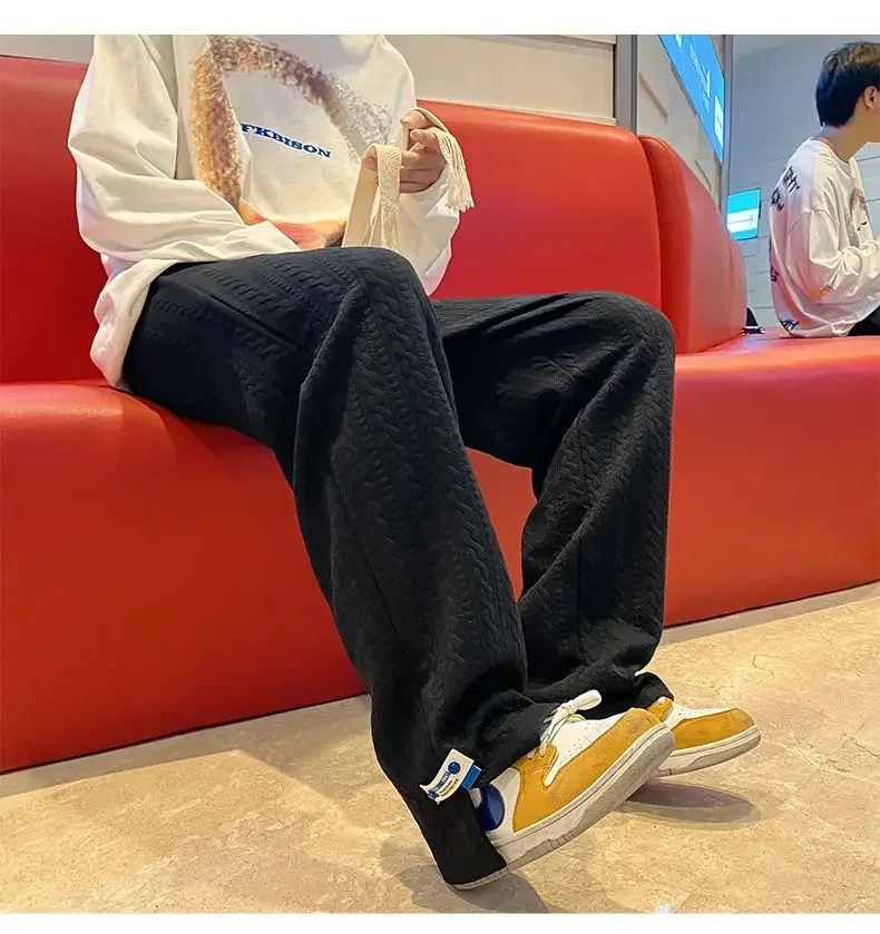 Description Picture 4 of itemMen High Street Sweatpants Fashion Loose Casual Side Slit Straight-Leg Pants Vintage Blue Jacquard Casual Bottoms Male Clothes