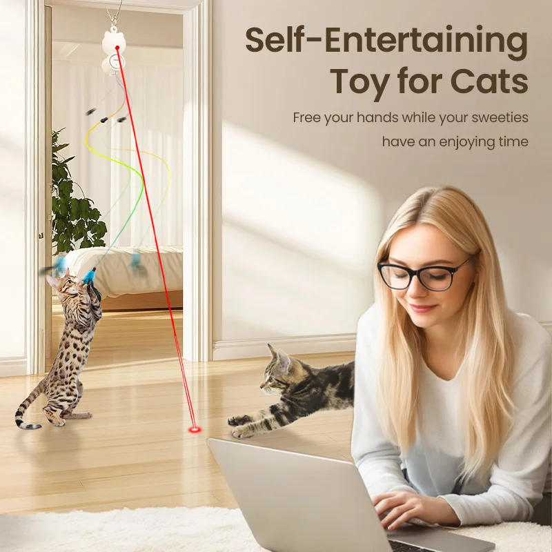 ROJECO Automatic Cat Toys 2 in 1 Laser Toy Retractable Feather Stick - Image 4