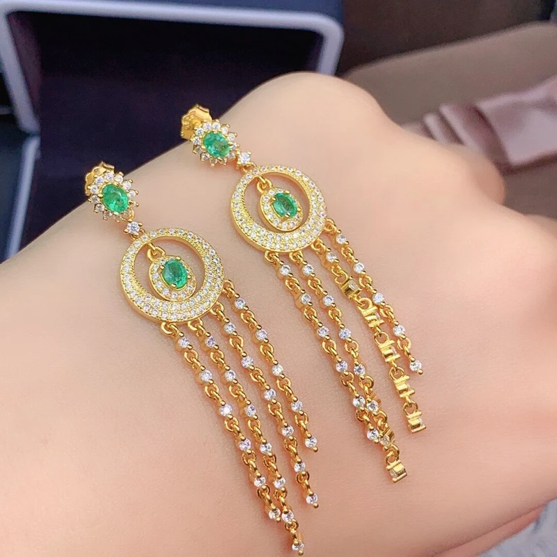 

Natural emerald sterling silver 925 round fringed gilt stud earrings Luxury jewelry delicate earrings