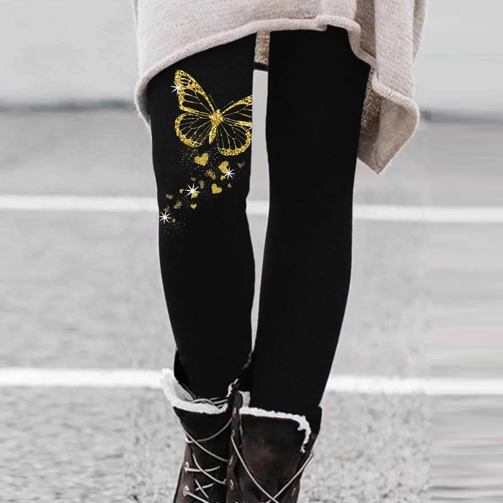 Womens Winter Casual Leggings Elastic Waist Thermal Capris Workout Trousers Thermal Prints Pants