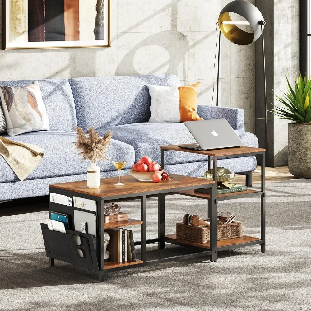 Coffee Table for Living Room,Adjustables Coffee Table Set of 2 with End Tables,Small Industrial Tables with Side