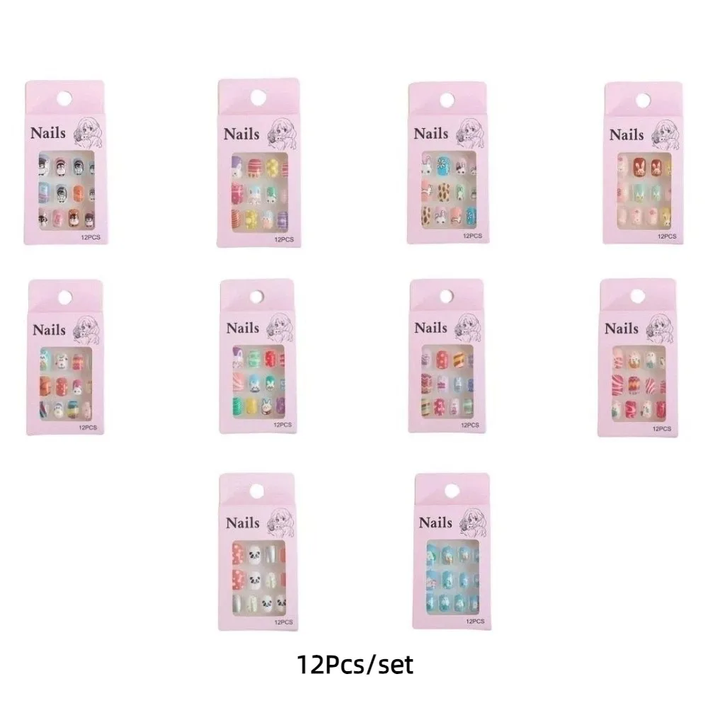 Snowflake Snowman Children Christmas False Nails Bunny Flower Short Square Shaped Kids Cartoon Fake Nails Nail Supplies