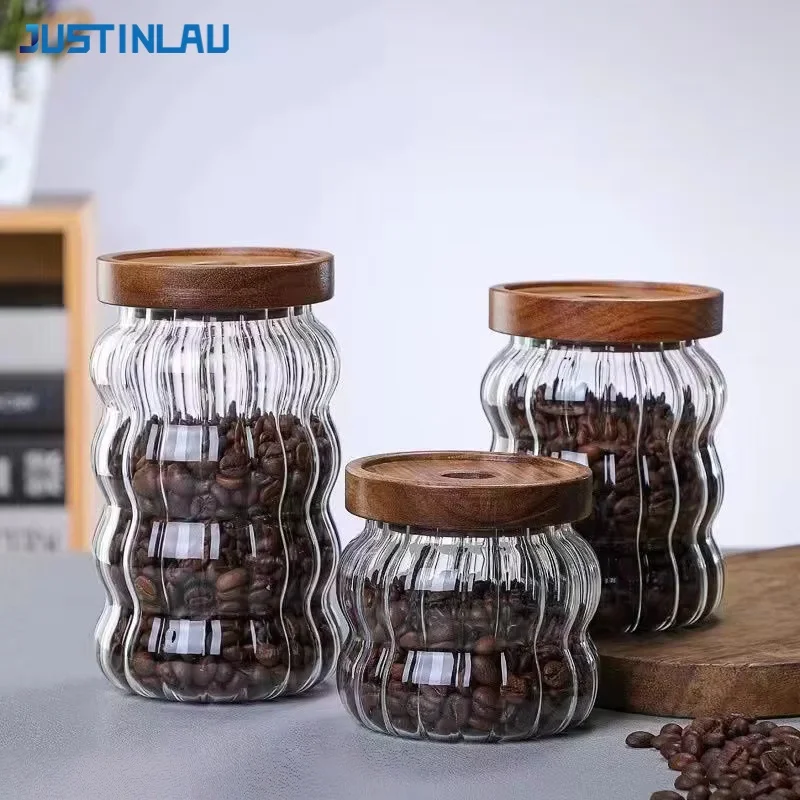 Striped Glass Storage Jar with Wood Lid