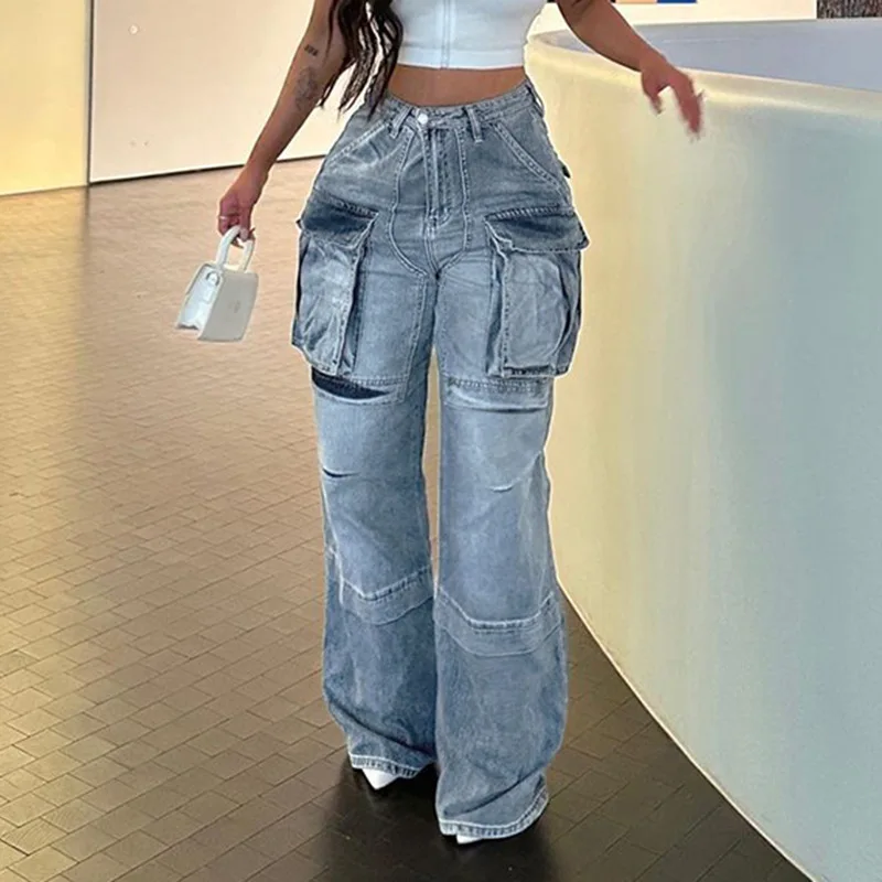 Streetwear Cargo Jeans Women Zipper Fly Wide Leg Pants with Big Pockets 2023 Fall Winter Activewear High Street Denim Trousers houzhou oversized cargo jeans women baggy punk style grunge y2k high street vintage wide stacked jeans with pockets denim pants