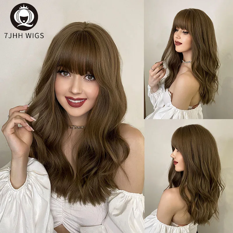 7JHH Long Wavy Synthetic Hair Wigs for Women Flaxen Brown Color Cosplay