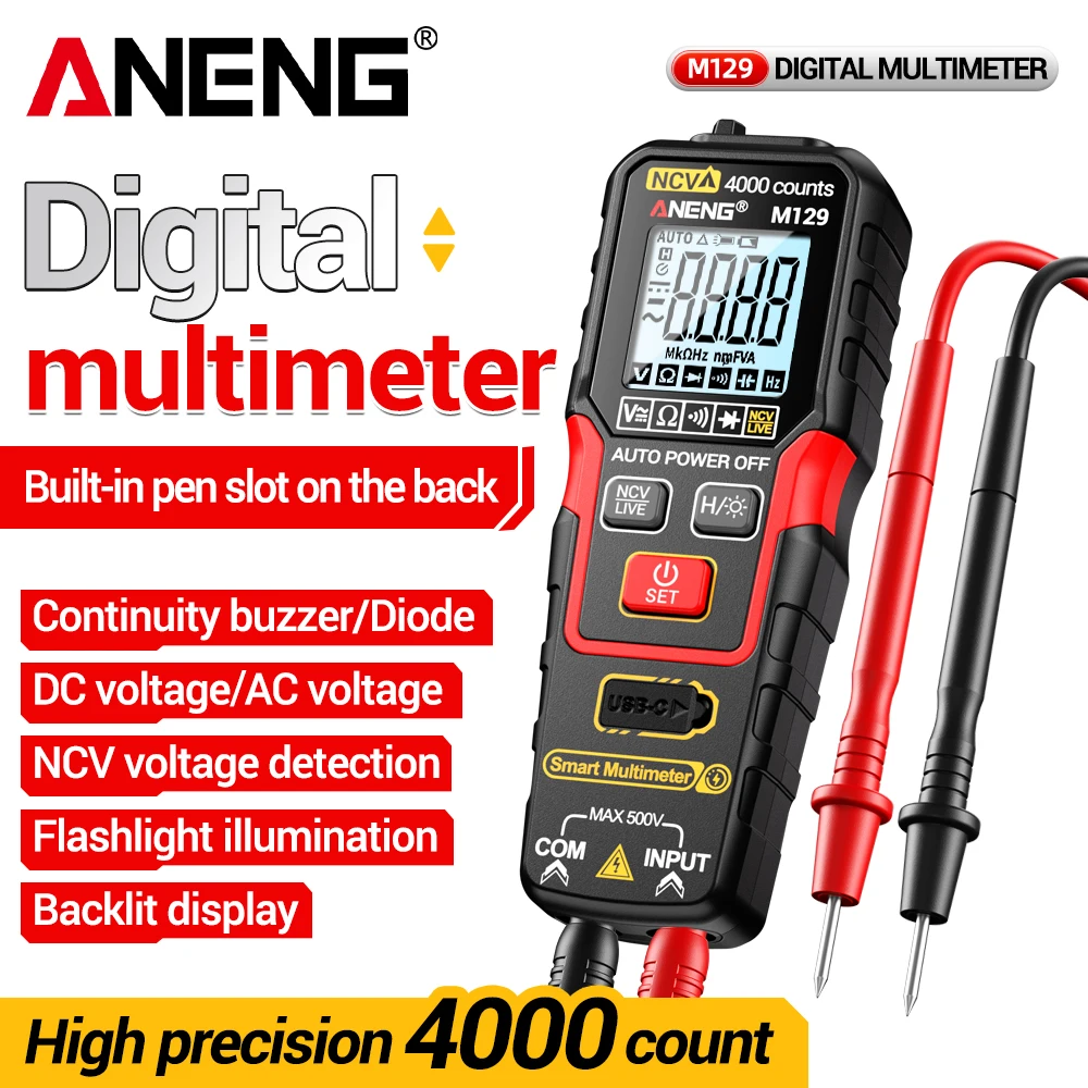 ANENG M129 디지털 멀티미터 NCV 비접촉 전기 측정 자동 인식 타입-C 충전 전기 기술자용 기기