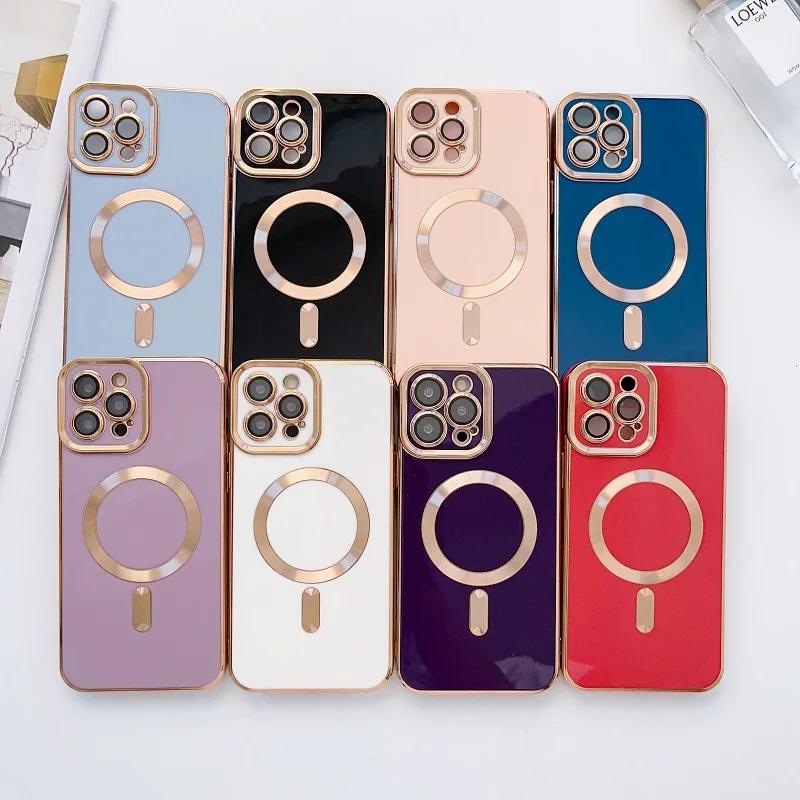 Plating Frame Phone Case iPhone 13 12 11 Pro Max 14 Plus For Magsafe Magnetic Wireless Charging Lens Protective_voghion.com