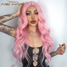 AISI HAIR Synthetic Long Wavy Wig Pink Wigs for Women Side Part Natural Black Wig Cosplay Wigs halloween Heat Resistant Hair tanie tanio Regularne peruka Włókno odporne na wysoką temperaturę Codziennego użytku CN (pochodzenie) FALISTE Tylko 1 sztuka Małe