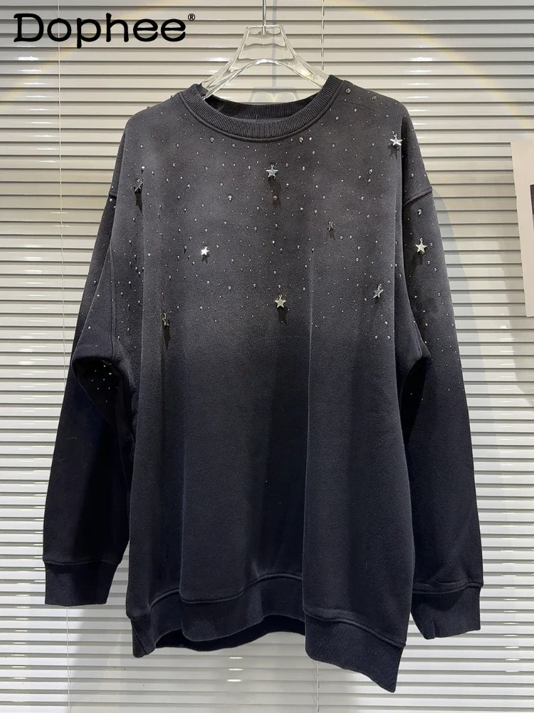 

Rhinestone Starry Sky Gradient Pattern Loose Fleece Pullover Female 2023 Autumn Winter Round Neck Long Sleeve Pullover Hoodie