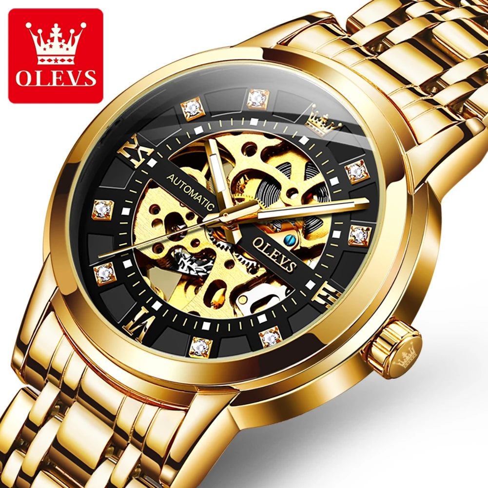 

OLEVS New Fashion Skeleton Mechanical Watch for Men Stainless Steel Waterproof Luminous Hollow Watches Mens Relogio Masculino