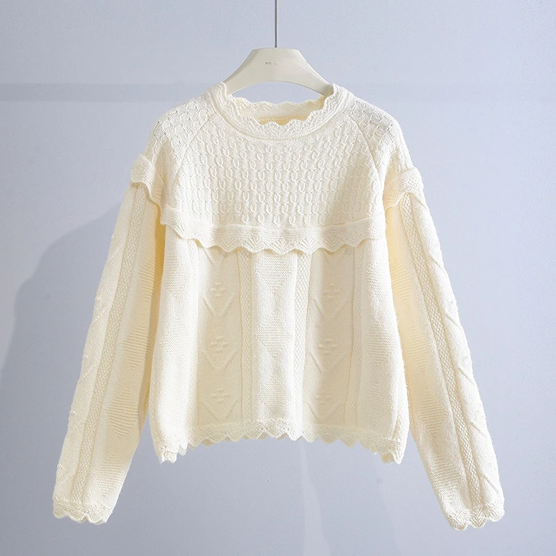

Винтажный кружевной однотонный вязаный женский свитер Пуловеры Осенние короткие женские топы с длинными рукавами