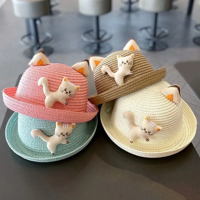 Summer Girl Straw Hat Fashion Cartoon Cat Ears Boy Sun Hat Windproof Rope Panama Visor Hat Outdoor Beach Children Baby Girls