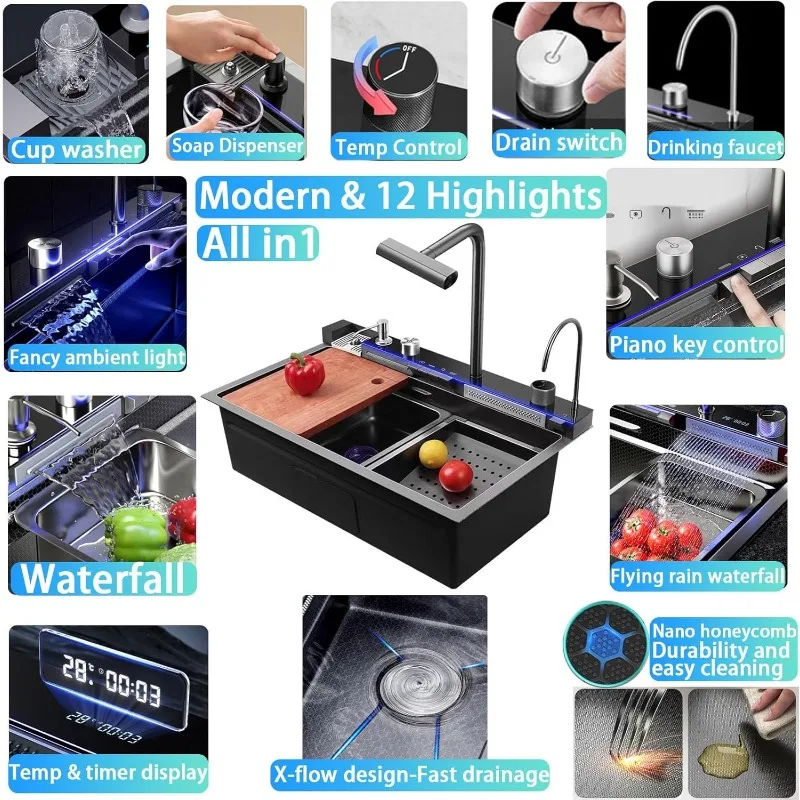 Kitchen Sink, Drop In Waterfall Sinks Workstation with Faucet Combo and Sink Cup Washer Stainless Steel Single Bowl Modern Smart 6