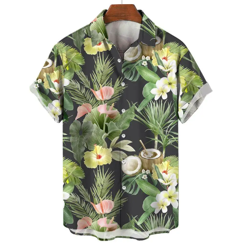 Summer Fashion Men's Short Sleeve Shirt Hawaiian Coconut Tree Print Street Casual Seaside Vacation Oversized Men's Shirt Tops 4