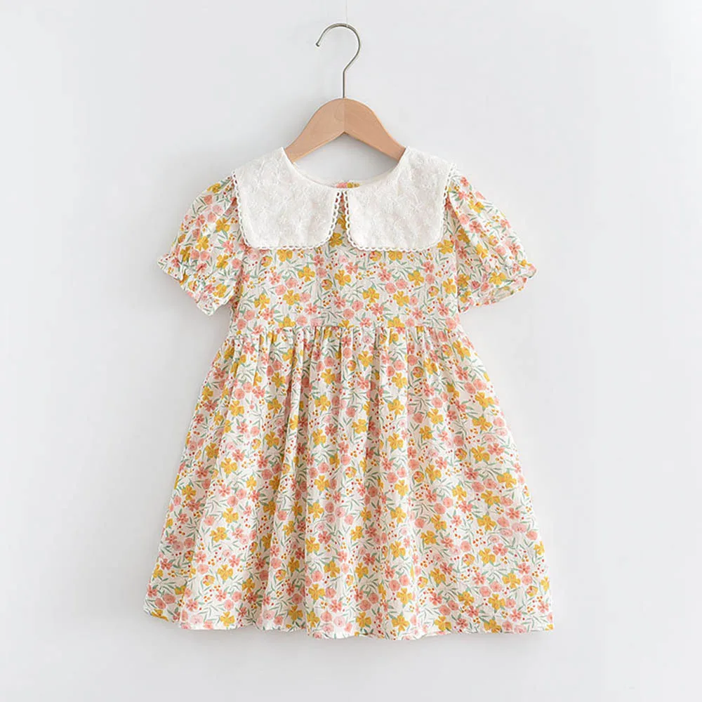 

New New Short Sleeve Floral Dress Summer Girls Flower Dresses Korean Causal Style Kids Costume Children's Clothing for 4-8 Y