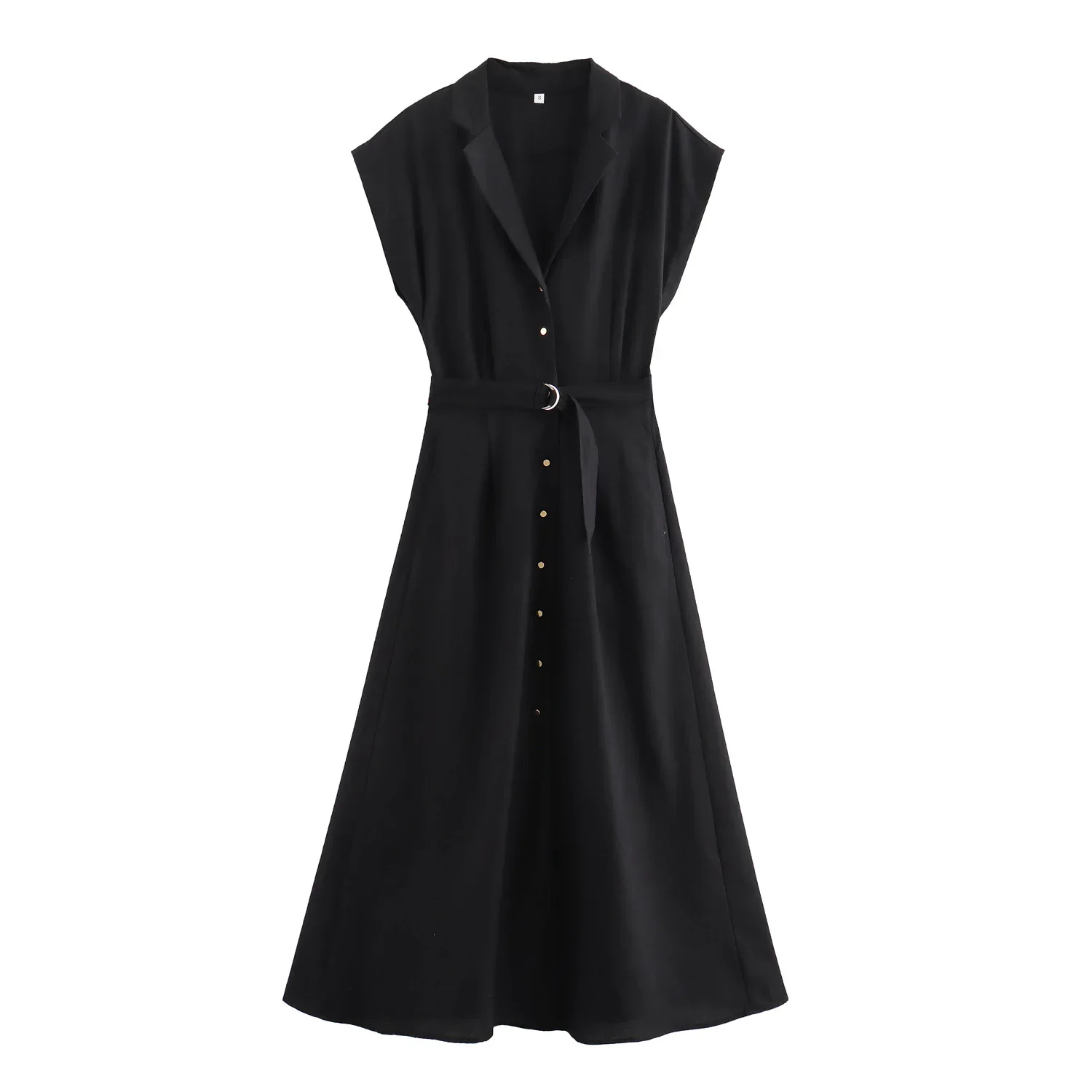 

Women's 2024 new Chic Fashion With belt casual linen blend shirt style midi dress retro sleeveless Button up women's dress Mujer