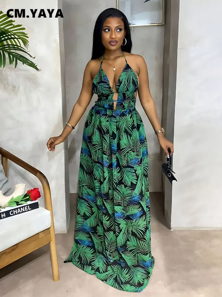 Yaya Vrouwen Blad Bedrukt Spaghettibandje Rugloze Diepe V-Hals