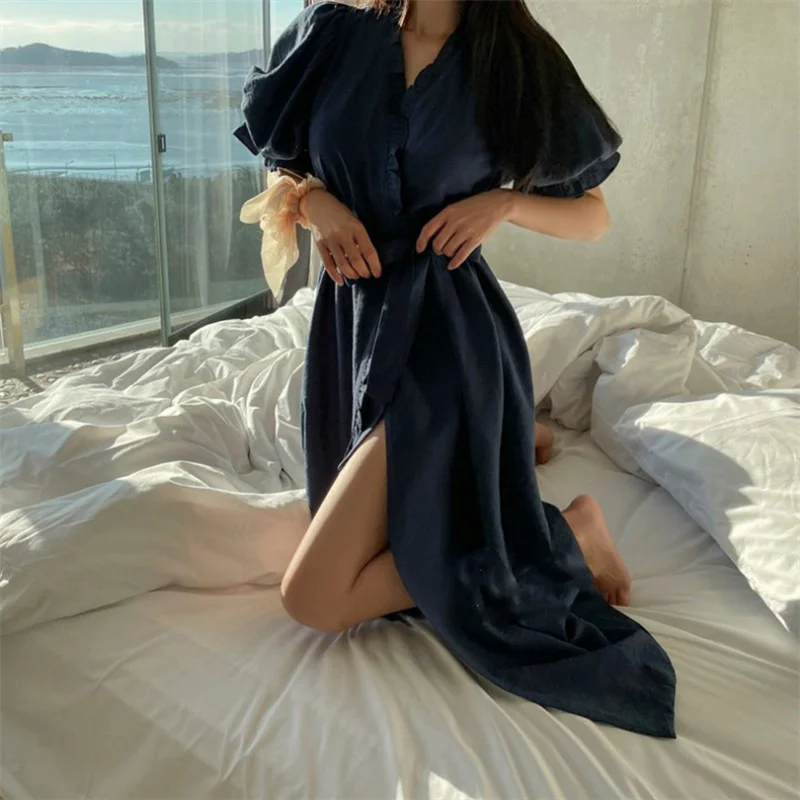 White Blue Ruffles Summer Nightgown Elegant Long Sleepwear Sweet Cotton Home Clothes Cardigans Lace Up Puff Sleeve L611