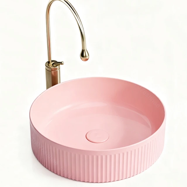 อ่างล้างหน้าเซรามิกทันสมัย สีชมพู อ่างล้างหน้าแบบตั้งบนเคาน์เตอร์ พร้อมอุปกรณ์ระบายน้ำ 5