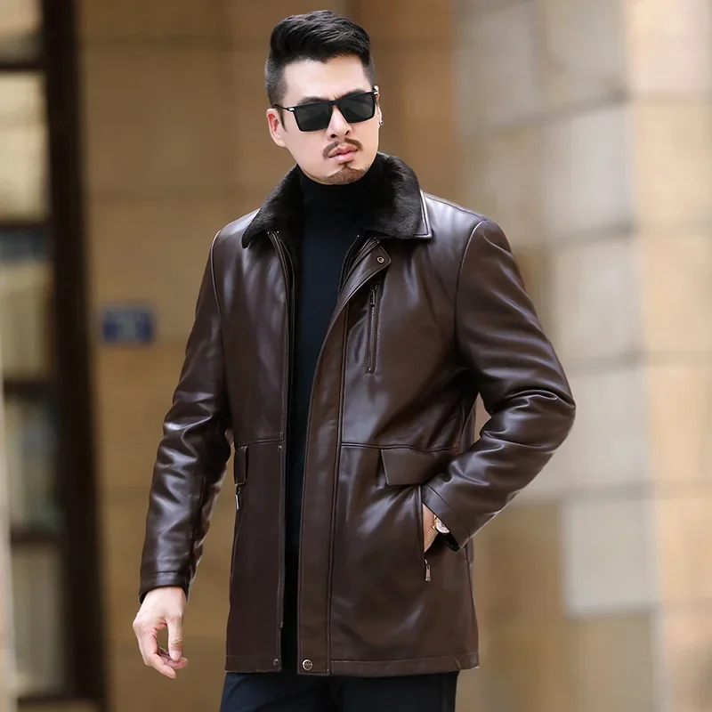 

Men's Sheepskin Genuine Leather for Middle-aged and Elderly Men, Plush and Thickened Winter Warm Mid Length Jacket