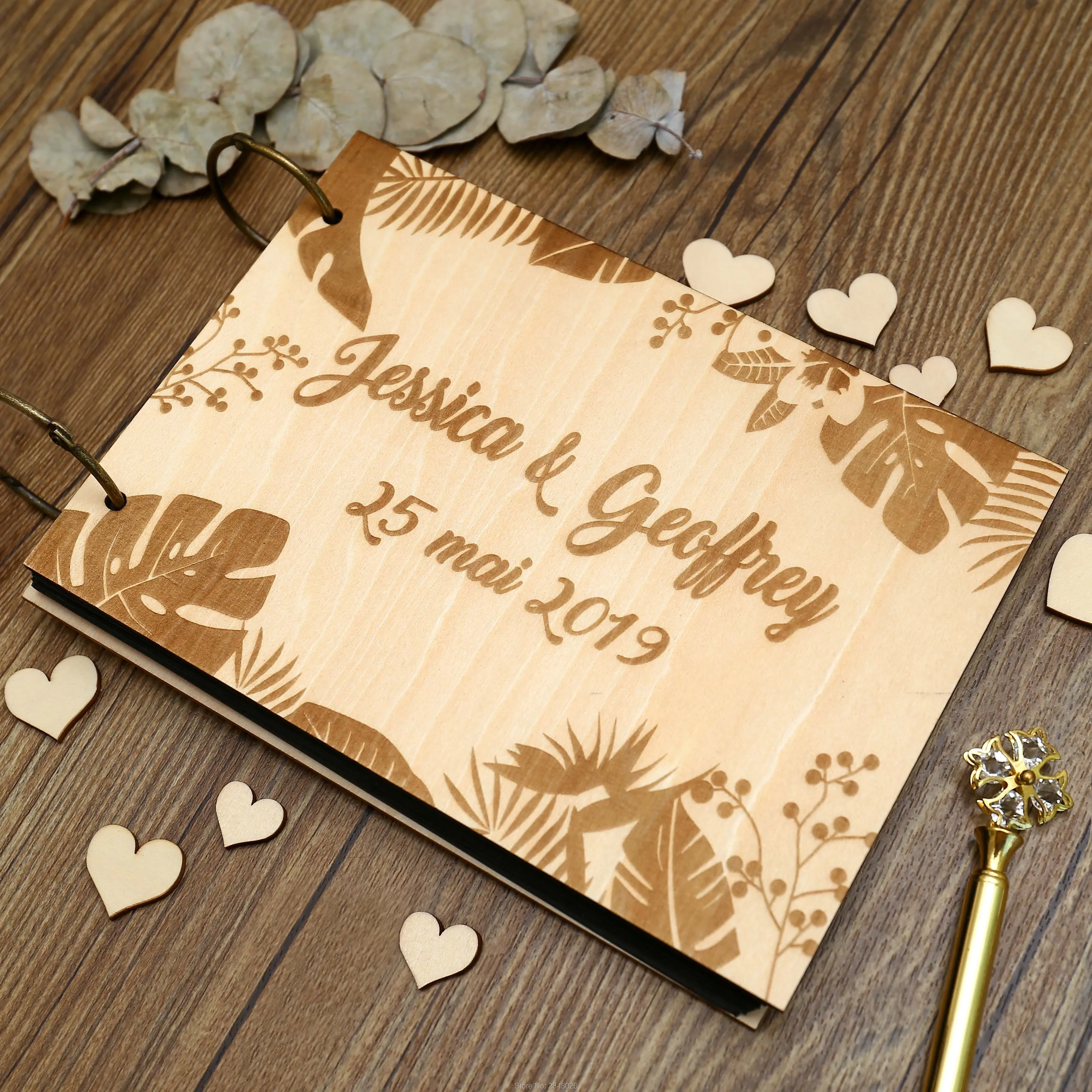 Rustic personalized wedding guest book,Tropical wooden Wedding guestbook, personalized Summer photo album