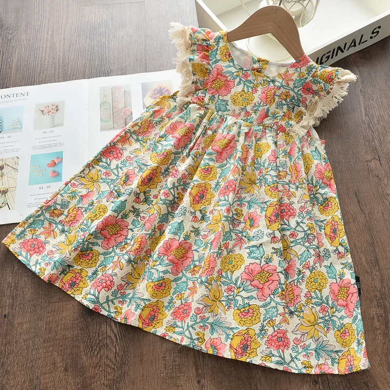 

2023 Summer Style New Arrival Sleeveless Feather Print Floral Yellow Girls Designer Cute Party Childern Dress Custume 18M-6T