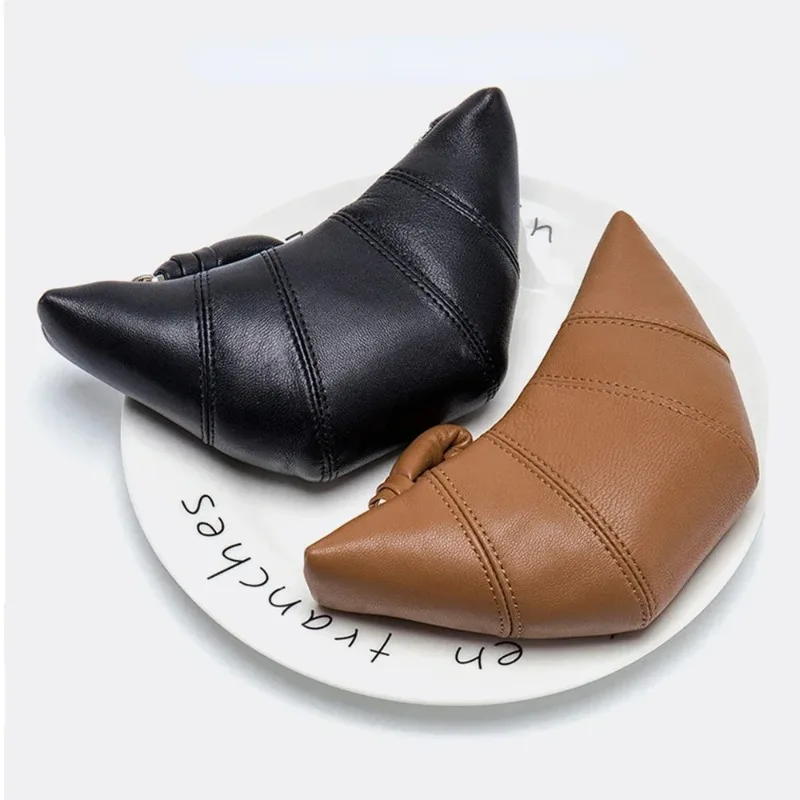 New Luxury Genuine Leather Women Coin Purse Fancy Croissant Fashion Lady Small Zip Hobo Wallet Brand Retro Mini Makeup Pouch Bag
