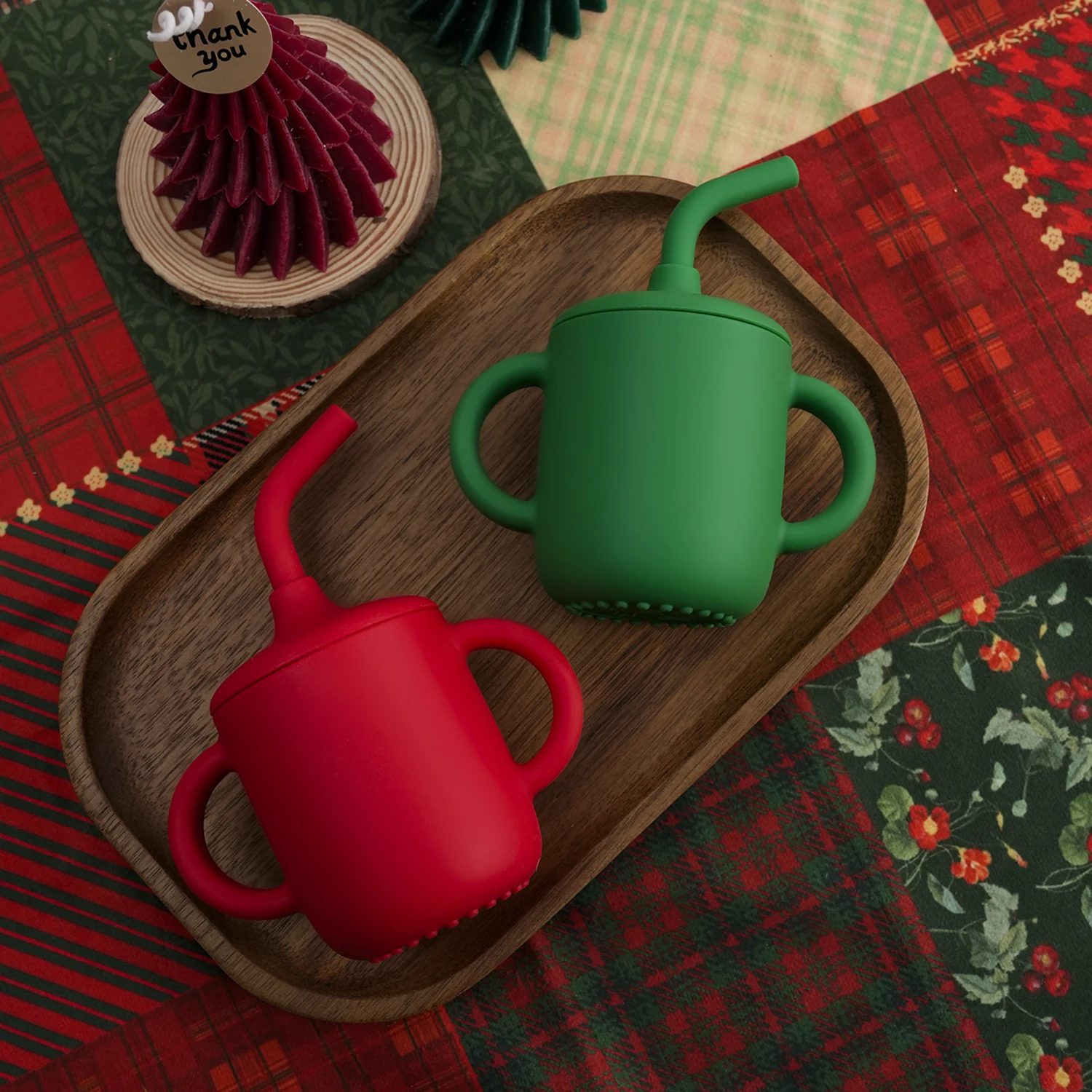 컬러 키즈 1PC  먹이기 빨대 컵 더블 핸들 BPA 프리 용 실리콘 학습 컵 훈련용 물컵 크리스마스 선물